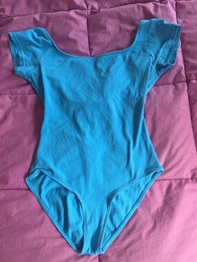 Turuoise Blue Cap Sleeve Criss Cross Low Back Scoop Neck Theatricals Leotard L
